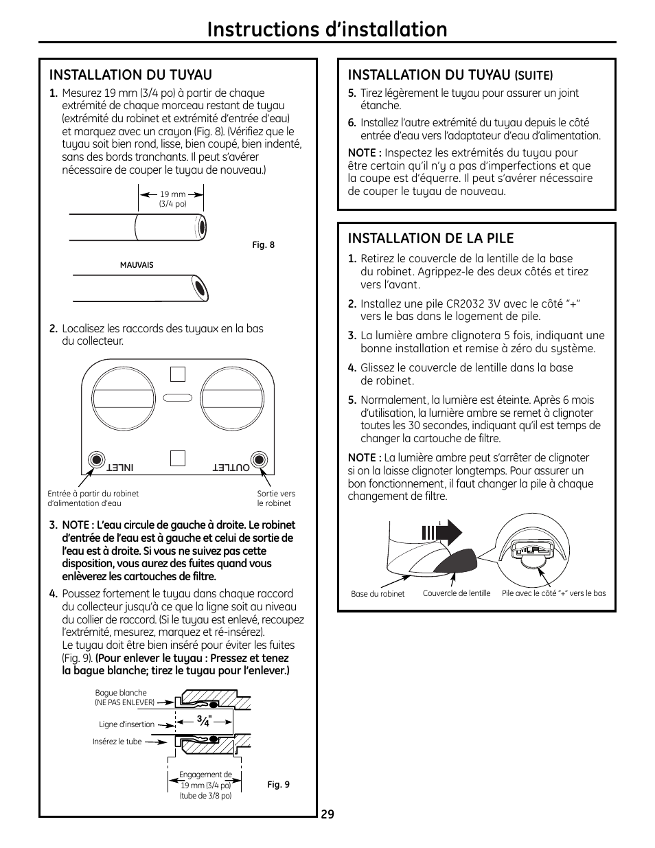 Installation de la pile, Installation du tuyau, Instructions d’installation | GE GXSL55R User Manual | Page 29 / 48