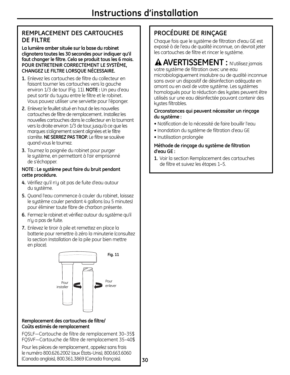 Procédure de rinçage, Remplacement du filtre, Procédure de rinçage remplacement du filtre | Instructions d’installation, Avertissement, Remplacement des cartouches de filtre | GE GXSL55R User Manual | Page 30 / 48