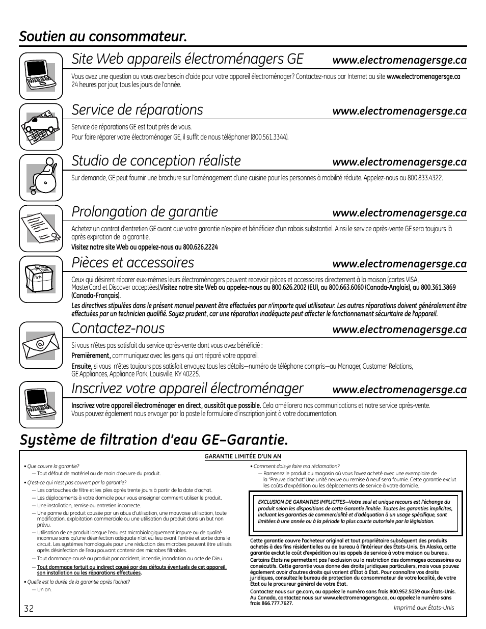 Soutien au consommateur, Service de réparations, Studio de conception réaliste | Prolongation de garantie, Pièces et accessoires, Contactez-nous, Inscrivez votre appareil électroménager, Système de filtration d’eau ge–garantie | GE GXSL55R User Manual | Page 32 / 48