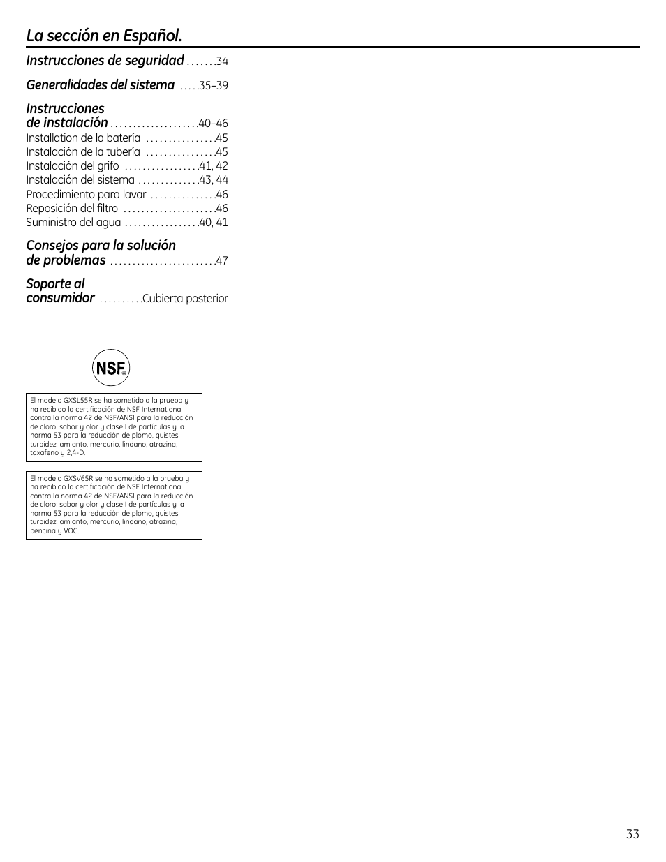 La sección en español | GE GXSL55R User Manual | Page 33 / 48