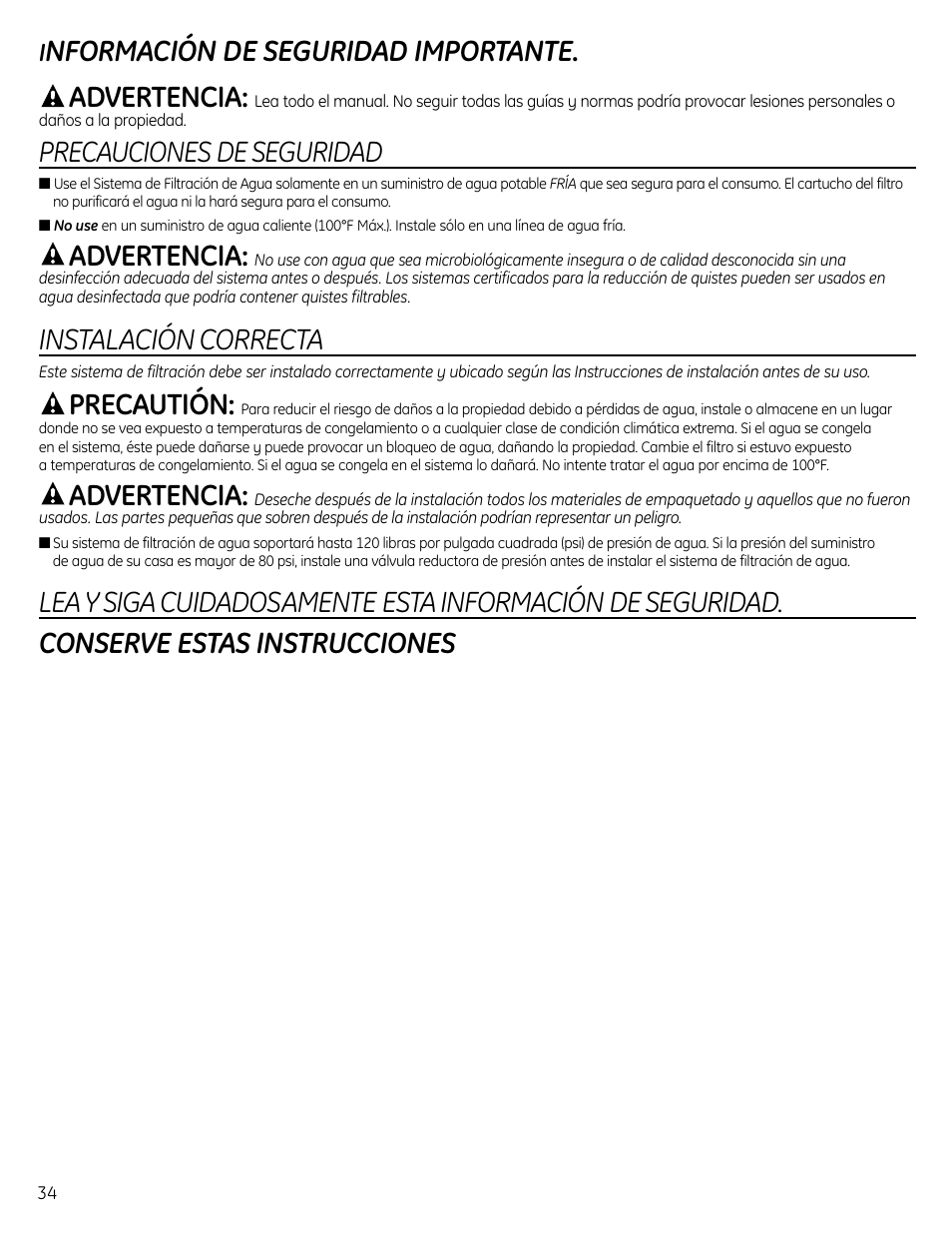 Instrucciones de seguridad, Nformación de seguridad importante. advertencia, Precauciones de seguridad | Advertencia, Instalación correcta, Precautión | GE GXSL55R User Manual | Page 34 / 48