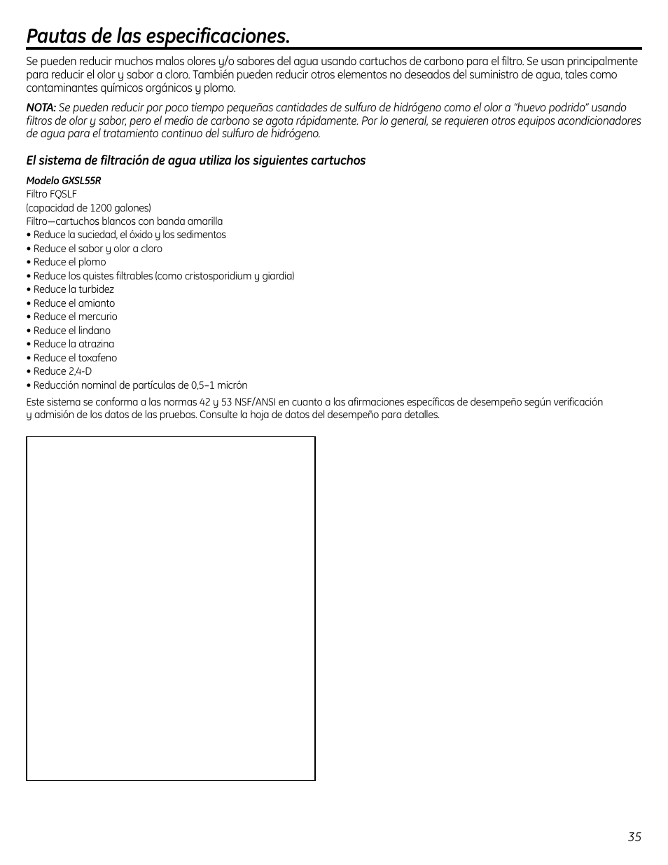 Generalidades del sistema, Pautas de las especificaciones | GE GXSL55R User Manual | Page 35 / 48