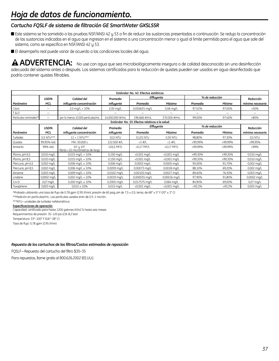 Hoja de datos de funcionamiento, Advertencia | GE GXSL55R User Manual | Page 37 / 48