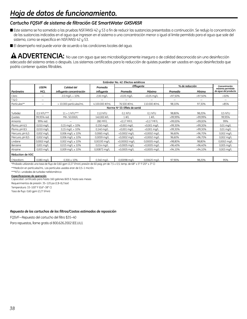 Hoja de datos de funcionamiento, Advertencia | GE GXSL55R User Manual | Page 38 / 48