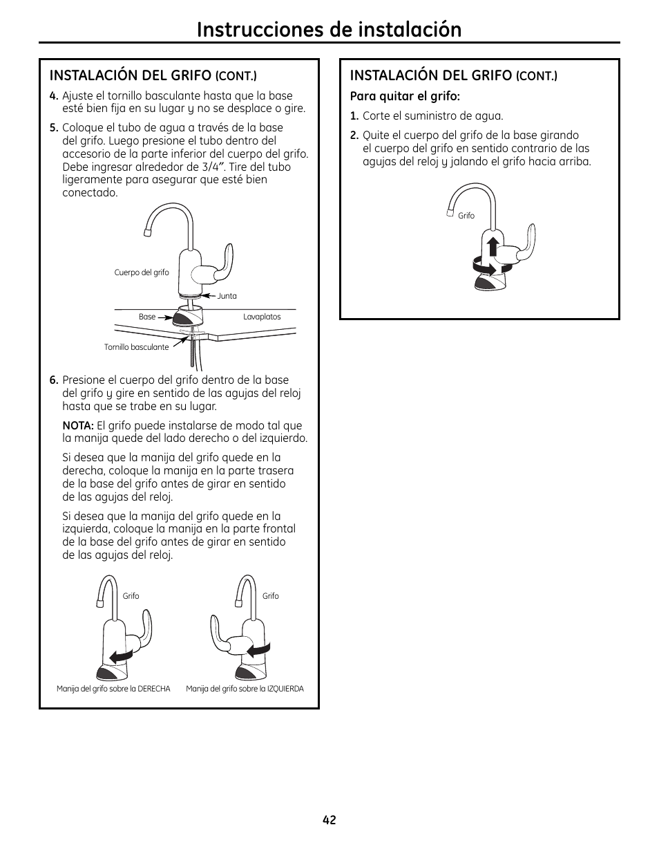 Instrucciones de instalación, Instalación del grifo | GE GXSL55R User Manual | Page 42 / 48