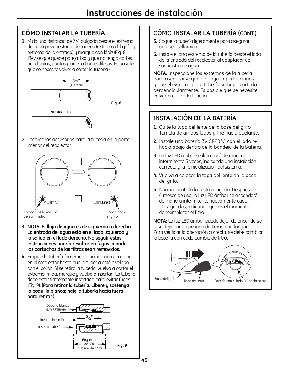 Installation de la batería, Instalación de la tubería, Instrucciones de instalación | Cómo instalar la tubería, Instalación de la batería | GE GXSL55R User Manual | Page 45 / 48