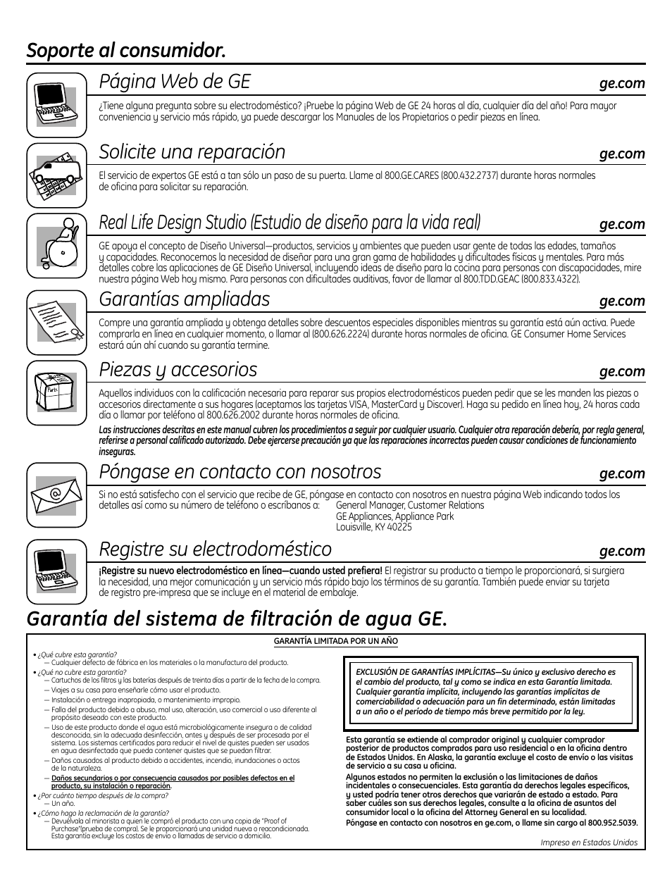 Soporte al consumidor, Cubierta posterior, Soporte al consumidor. página web de ge | Solicite una reparación, Garantías ampliadas, Piezas y accesorios, Póngase en contacto con nosotros, Registre su electrodoméstico, Garantía del sistema de filtración de agua ge | GE GXSL55R User Manual | Page 48 / 48