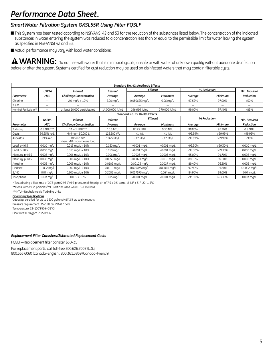 Performance data sheet, Warning | GE GXSL55R User Manual | Page 5 / 48