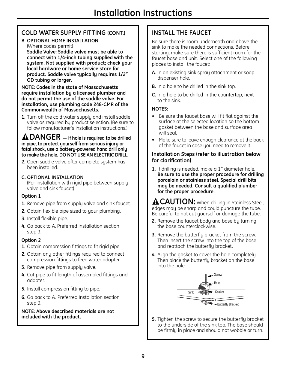 Faucet installation, Faucet installation , 10, Installation instructions | Danger, Caution, Cold water supply fitting, Install the faucet | GE GXSL55R User Manual | Page 9 / 48