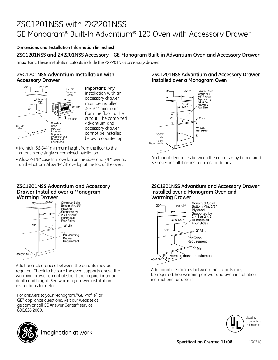 Ge monogram, Built-in advantium, 120 oven with accessory drawer | GE Monogram ZSC1202NSS User Manual | Page 3 / 4