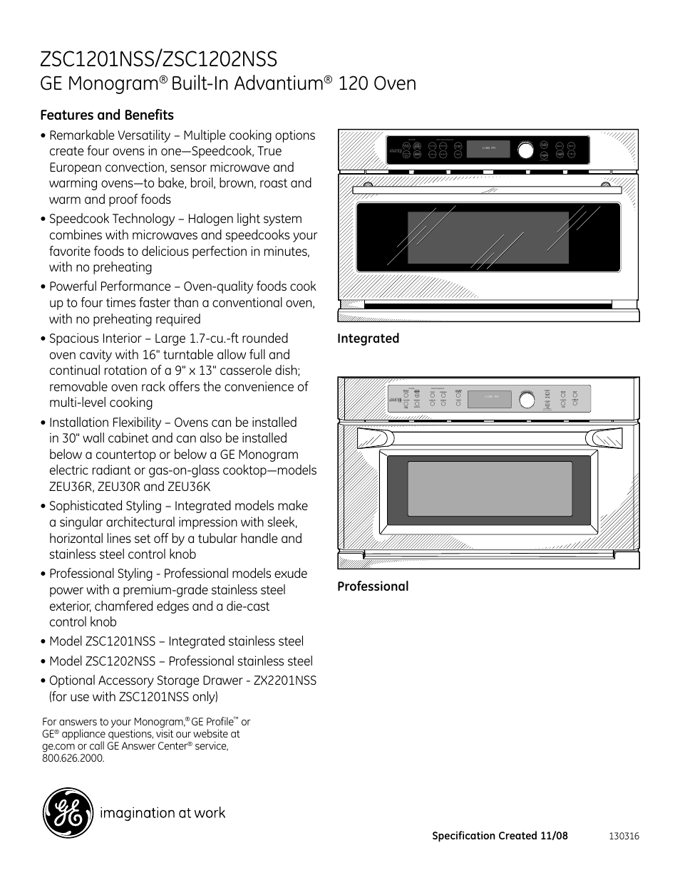 Ge monogram, Built-in advantium, 120 oven | Features and benefits, Zsc1202nss, Zsc1201nss, Integrated professional | GE Monogram ZSC1202NSS User Manual | Page 4 / 4