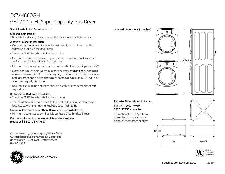 Dcvh660gh, 0 cu. ft. super capacity gas dryer | GE DCVH660GH User Manual | Page 2 / 4
