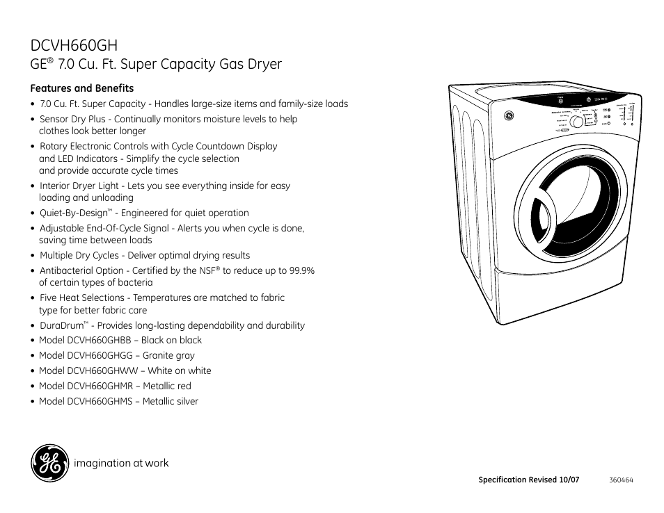 Dcvh660gh, 0 cu. ft. super capacity gas dryer | GE DCVH660GH User Manual | Page 4 / 4