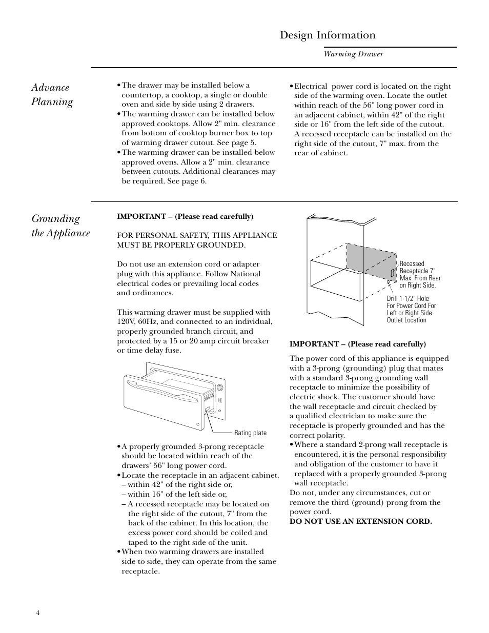 Advance planning, Grounding the appliance, Advance planning grounding the appliance | Design information | GE ZTD910 User Manual | Page 4 / 8