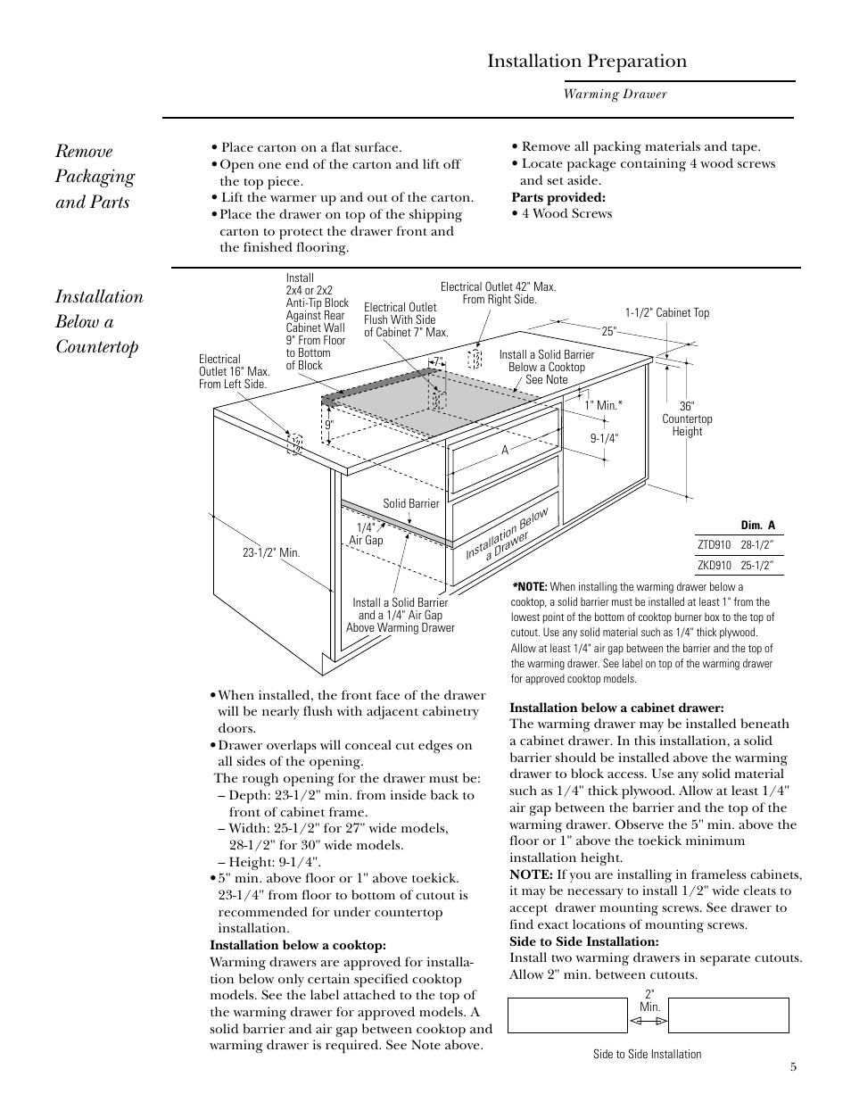 Remove the packaging and parts, Installation below a countertop, Installation preparation | Remove packaging and parts | GE ZTD910 User Manual | Page 5 / 8