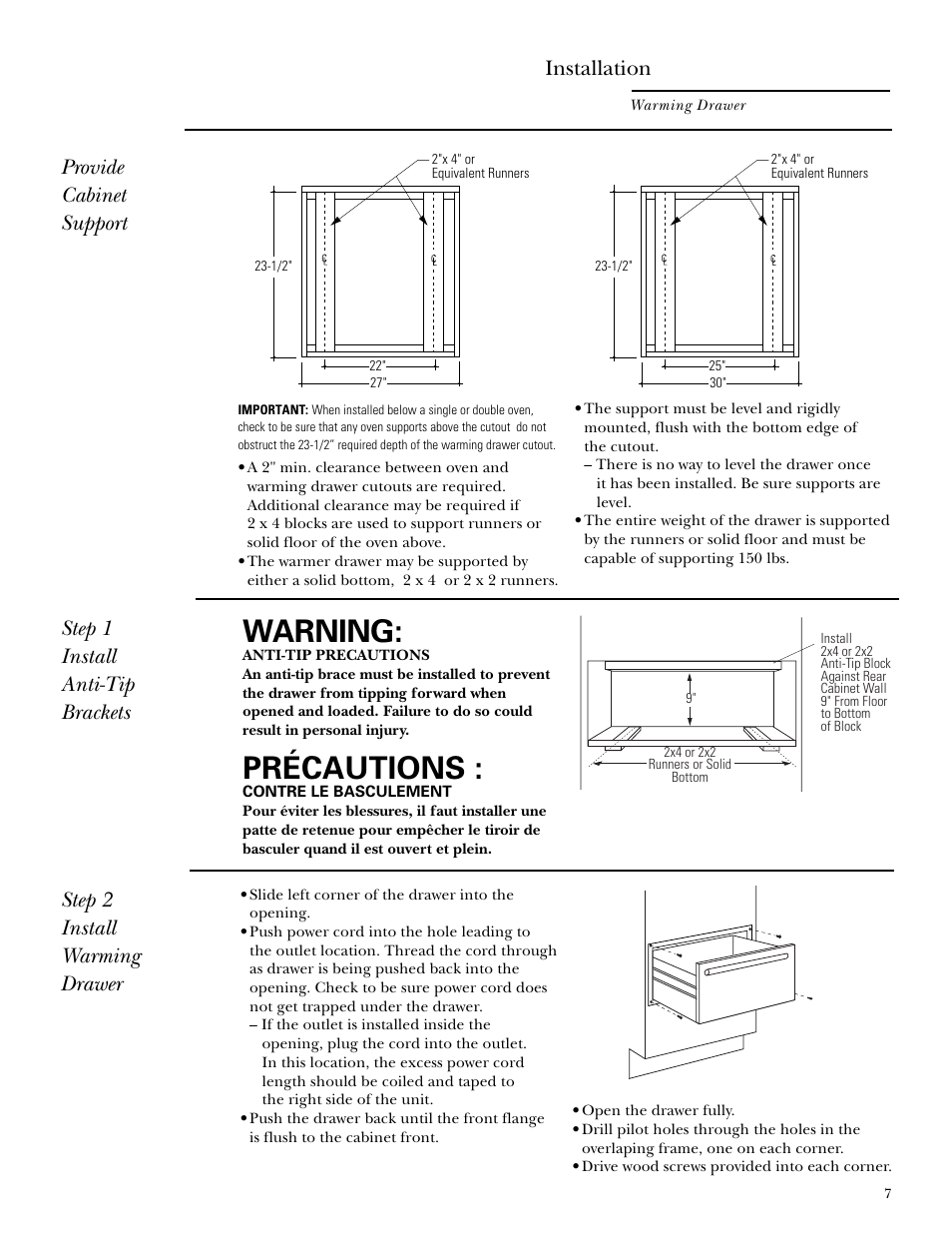 Step 2: install warming drawer, Warning, Précautions | Installation, Step 2 install warming drawer | GE ZTD910 User Manual | Page 7 / 8