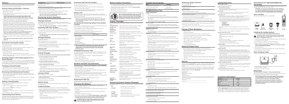 Answering system operation, Headset and belt clip operation, Changing the battery | Display messages, Answering system display messages, Handset sound signals, Troubleshooting tips, Limited warranty, Instructions for optional/additional handset(s), Causes of poor reception | GE 25951 Series User Manual | Page 2 / 2