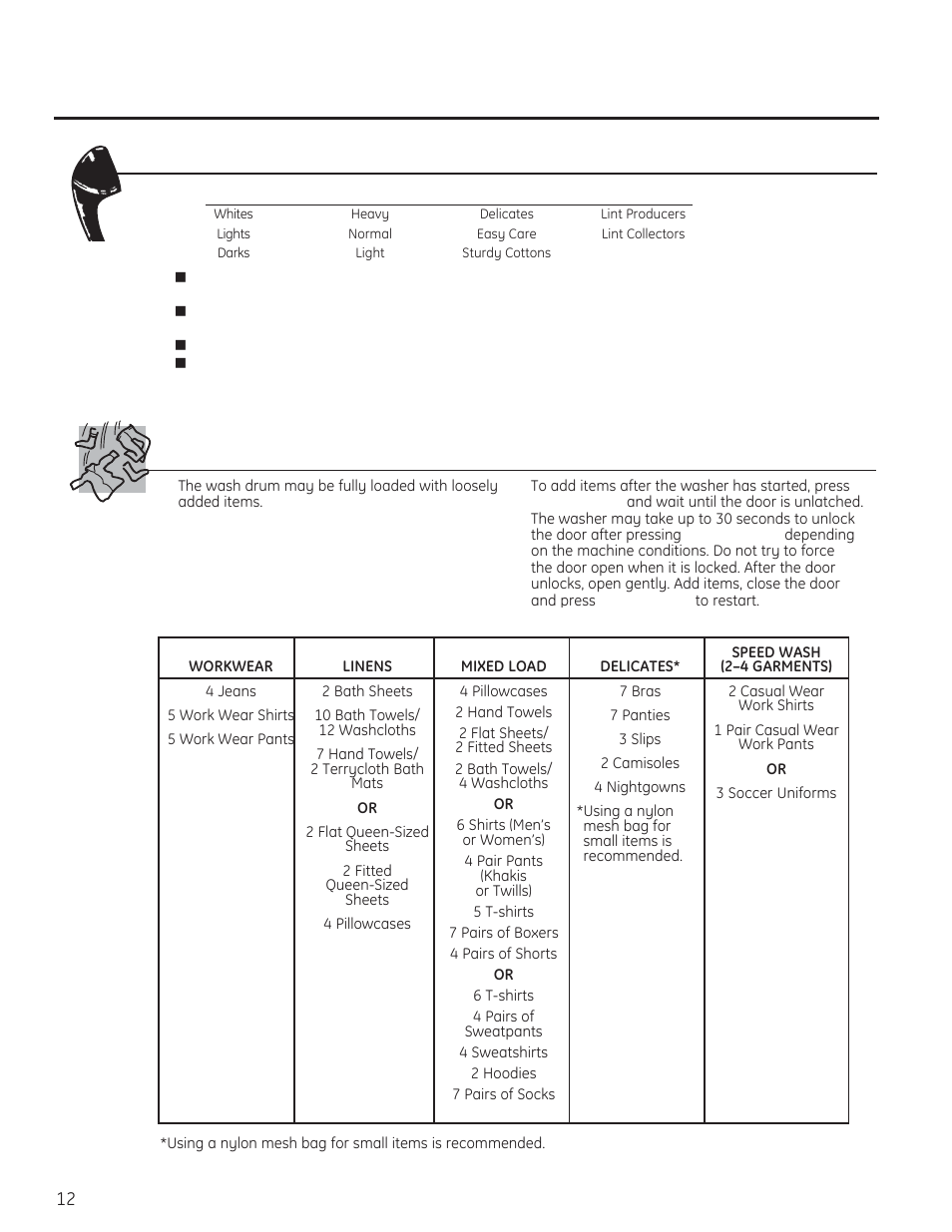 Loading and using the washer, Sorting wash loads loading the washer | GE PFWH4400 User Manual | Page 12 / 87