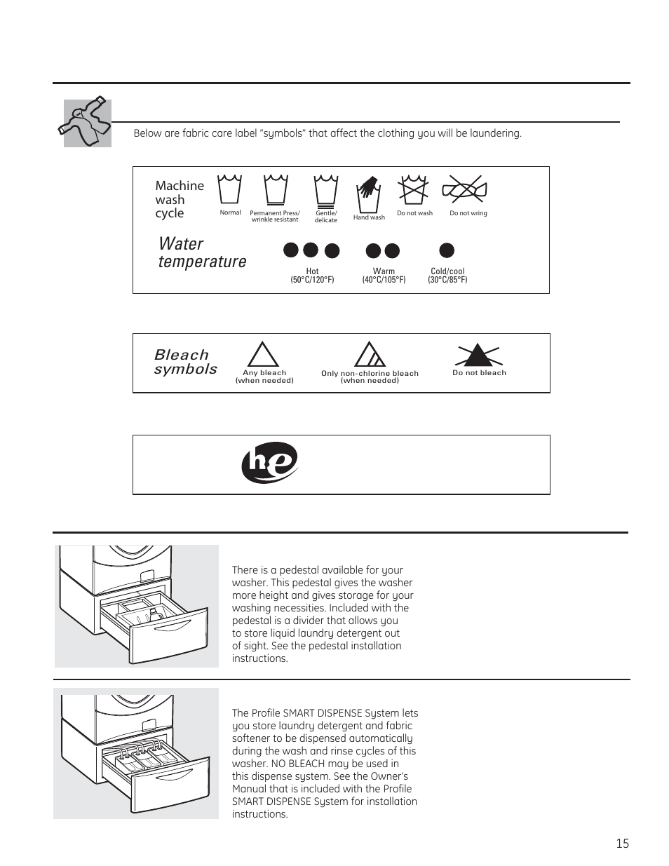 Fabric care labels, Available accessories, Water temperature | Bleach symbols | GE PFWH4400 User Manual | Page 15 / 87