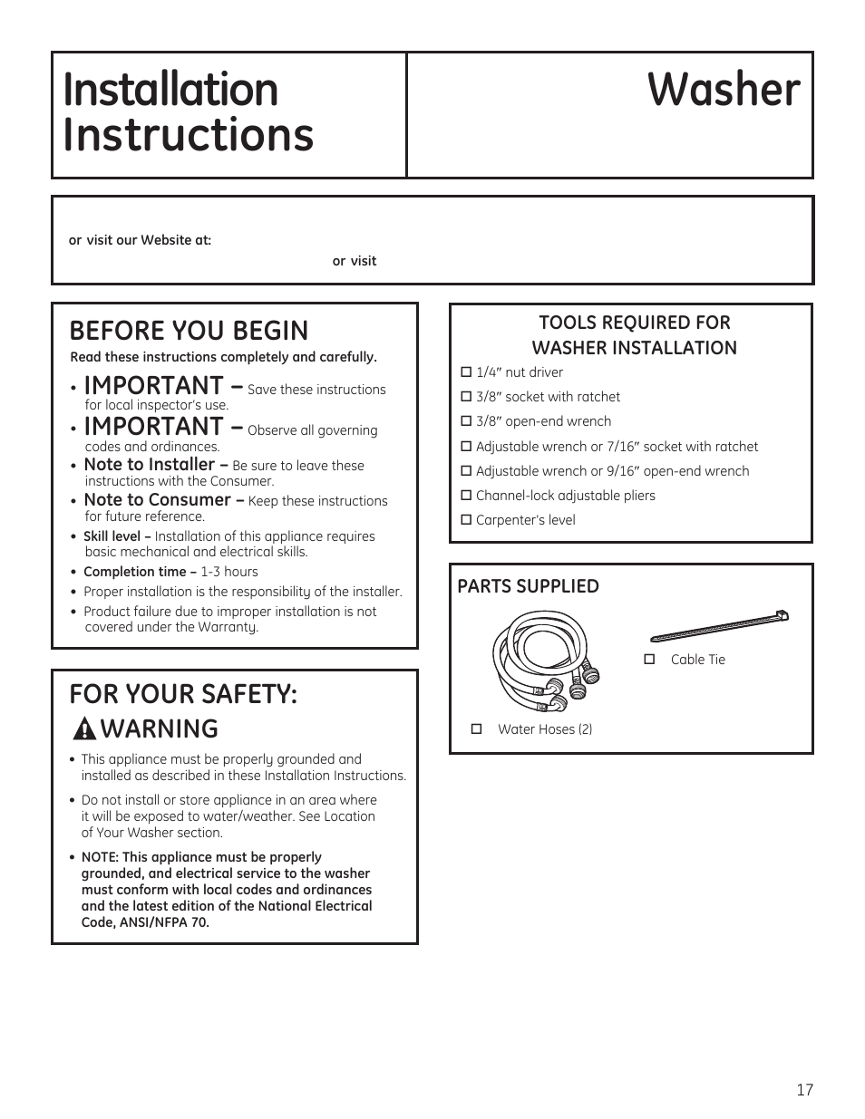 Installation washer instructions, Before you begin, For your safety | Important, Warning | GE PFWH4400 User Manual | Page 17 / 87