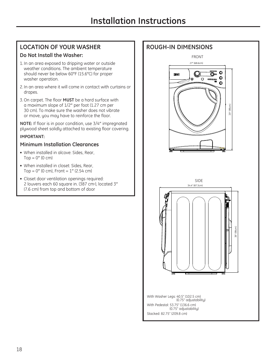 Installation instructions, Location of your washer, Rough-in dimensions | GE PFWH4400 User Manual | Page 18 / 87