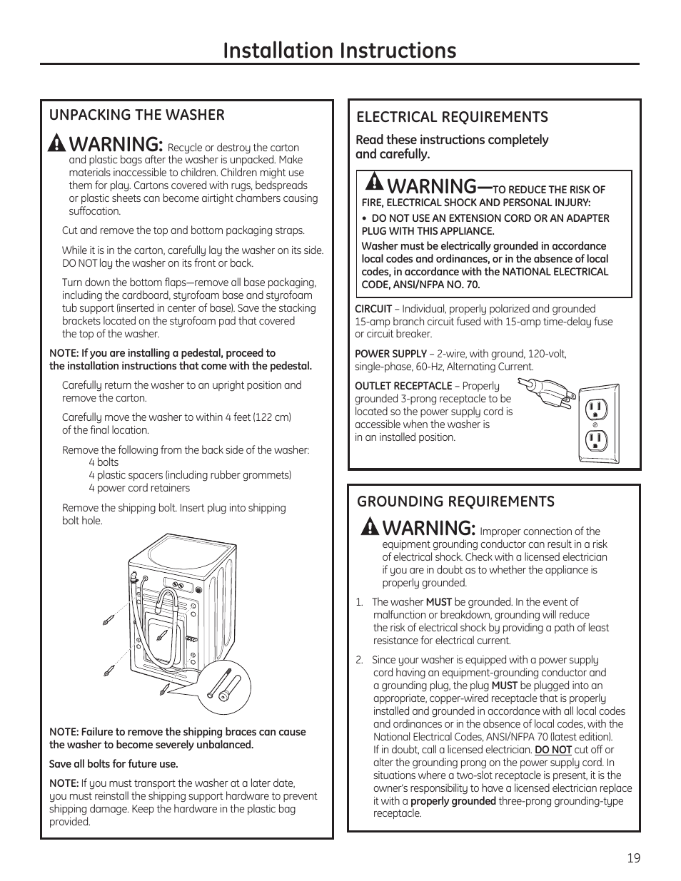 Installation instructions, Warning, Unpacking the washer | Electrical requirements, Grounding requirements | GE PFWH4400 User Manual | Page 19 / 87