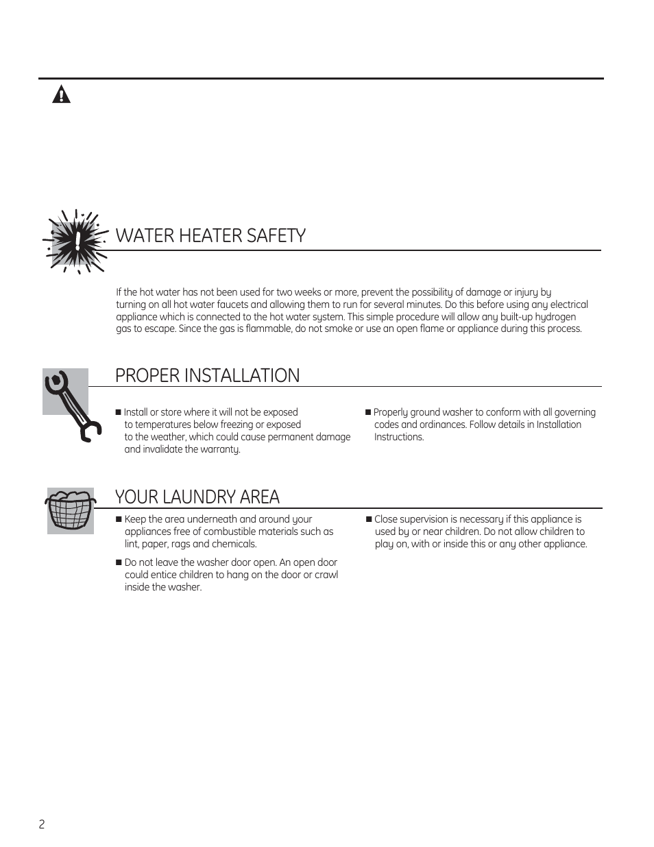 Warning, Water heater safety, Proper installation | Your laundry area | GE PFWH4400 User Manual | Page 2 / 87