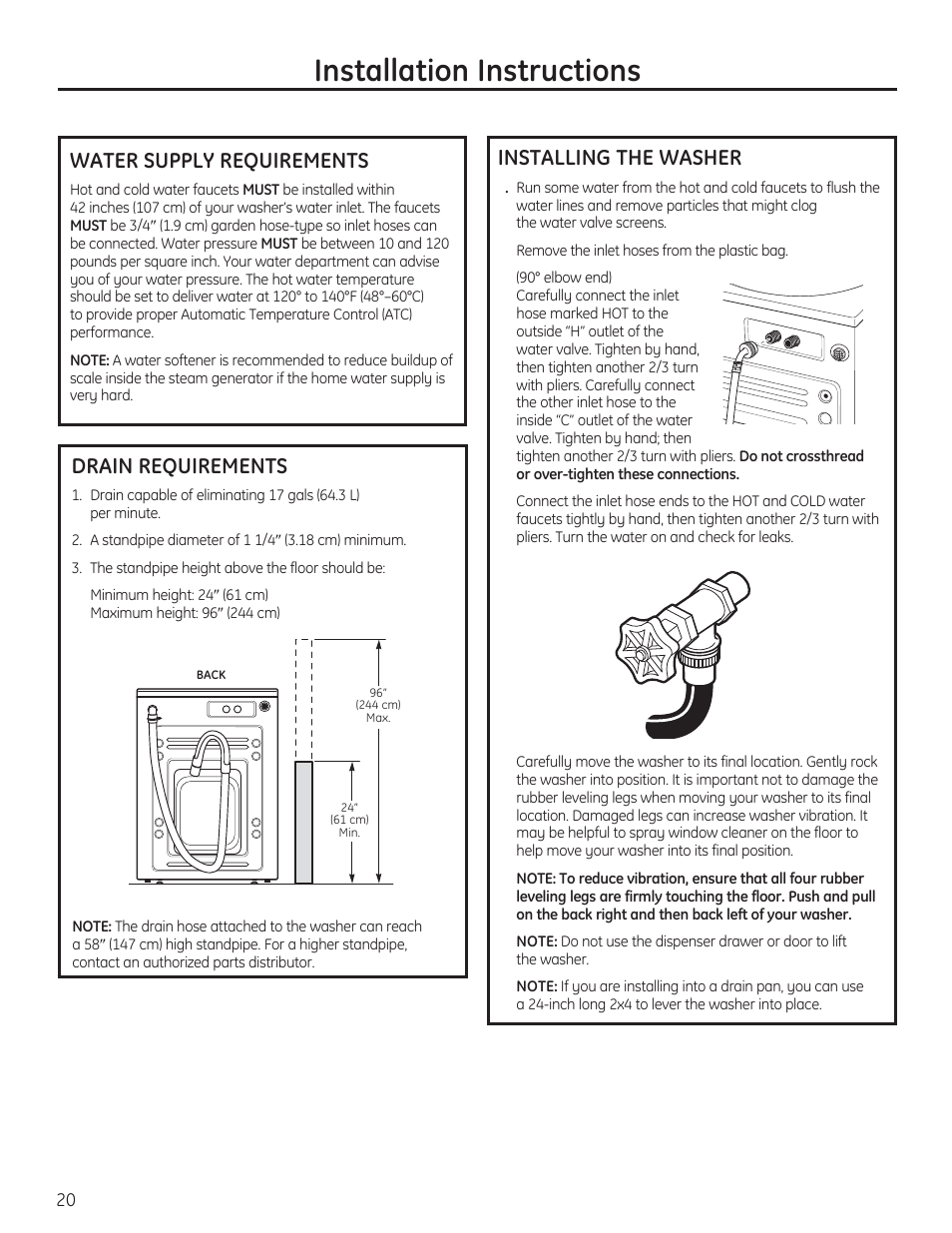 Installation instructions, Water supply requirements, Drain requirements | Installing the washer | GE PFWH4400 User Manual | Page 20 / 87