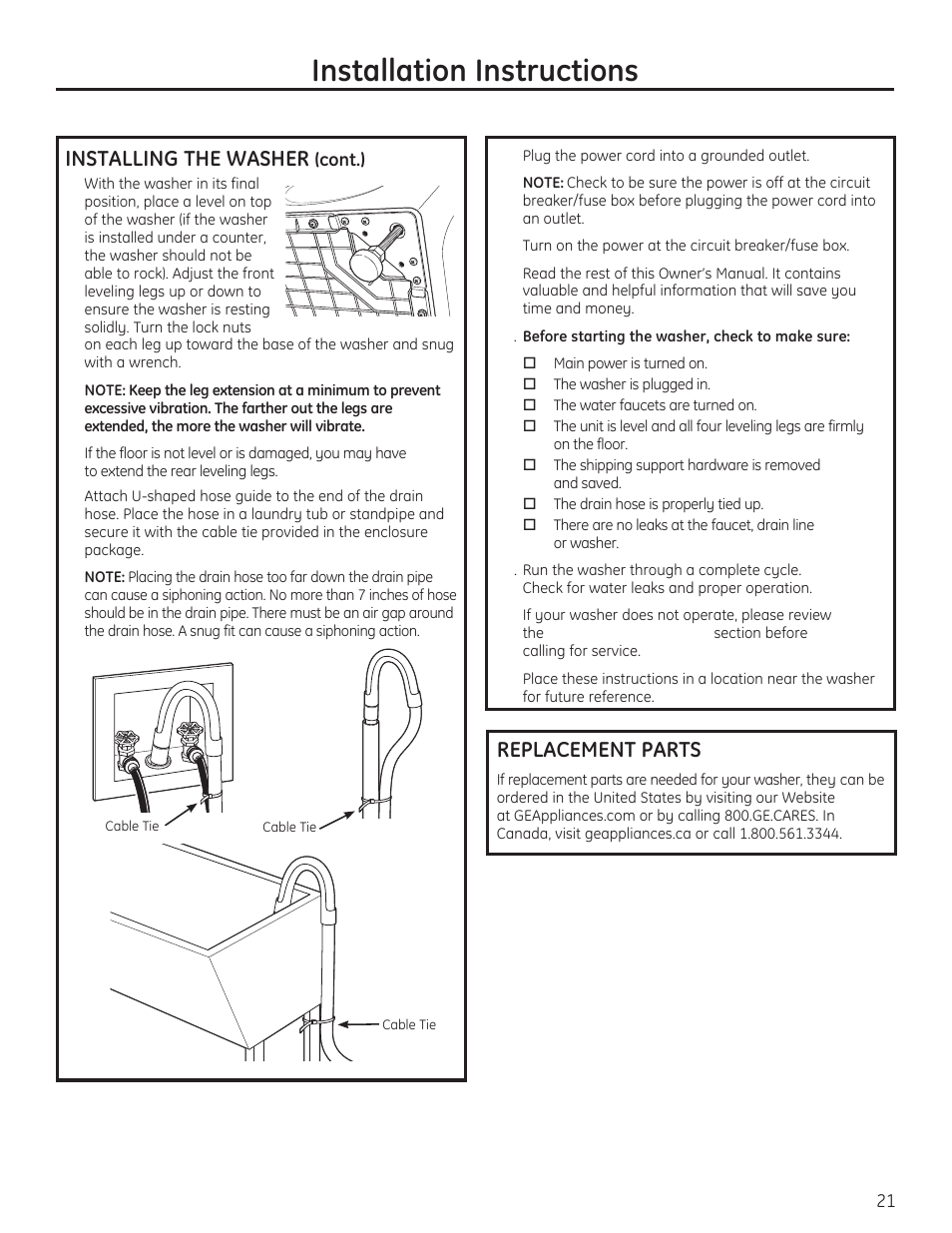 Installation instructions, Installing the washer, Replacement parts | GE PFWH4400 User Manual | Page 21 / 87