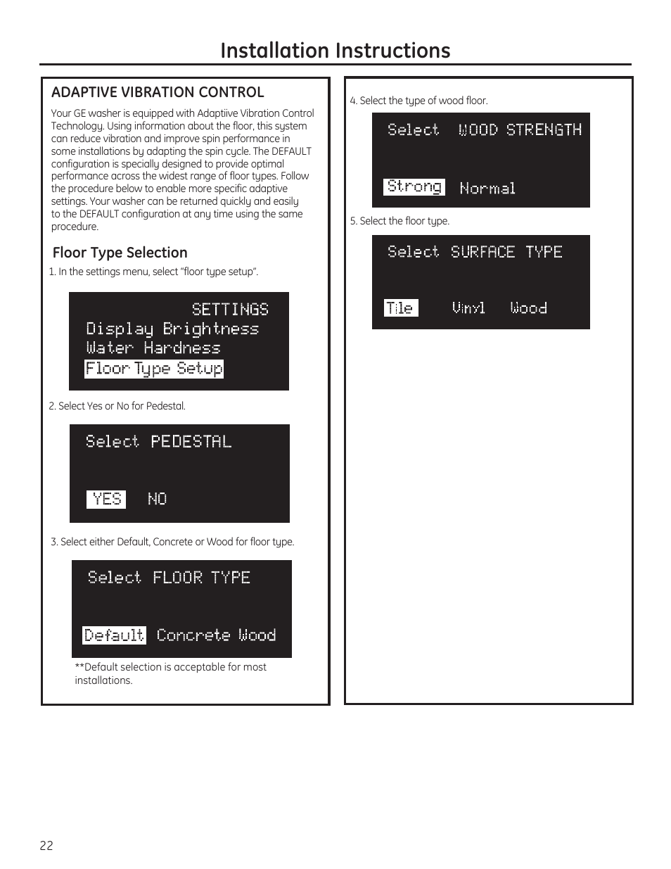 Installation instructions, Floor type selection, Adaptive vibration control | GE PFWH4400 User Manual | Page 22 / 87