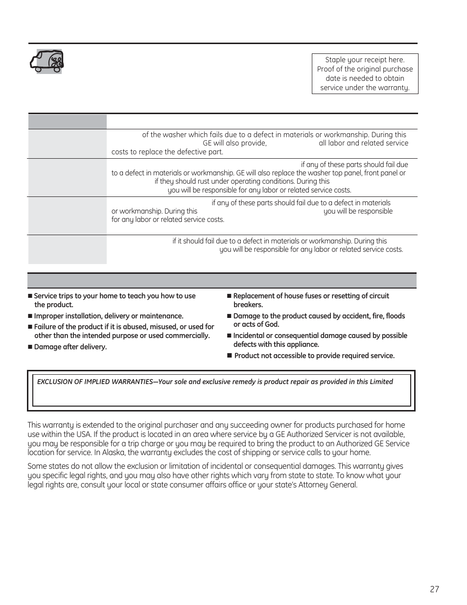 Ge washer warranty | GE PFWH4400 User Manual | Page 27 / 87