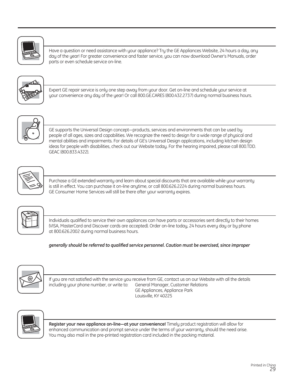 Consumer support. ge appliances website, Schedule service, Real life design studio | Extended warranties, Parts and accessories, Contact us, Register your appliance | GE PFWH4400 User Manual | Page 29 / 87