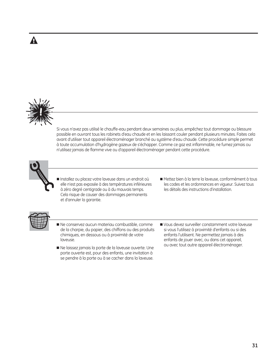 Avertissement, Sécurité du chauffe-eau, Bonne installation | Votre aire de lessive | GE PFWH4400 User Manual | Page 31 / 87