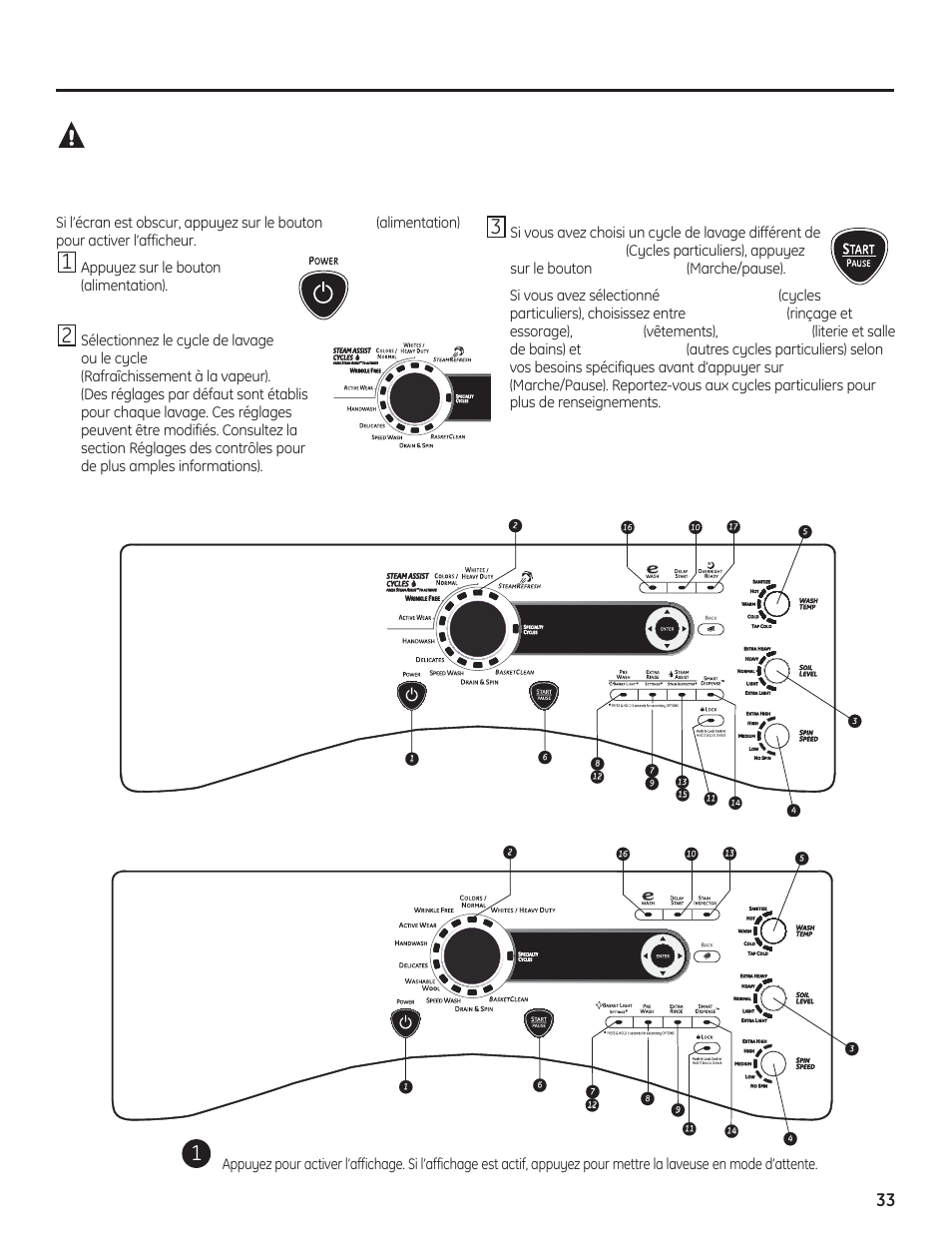 Avertissement, Le panneau de contrôle de votre laveuse, Power (alimentation) | Démarrage rapide | GE PFWH4400 User Manual | Page 33 / 87