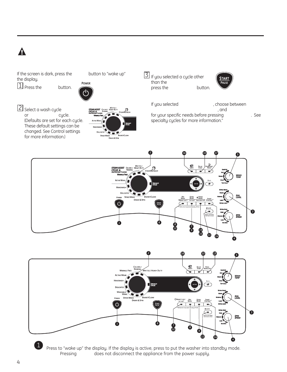 Warning, About the washer control panel, Power | Quick start | GE PFWH4400 User Manual | Page 4 / 87