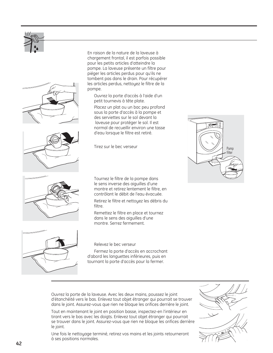 Nettoyage du filtre de la pompe | GE PFWH4400 User Manual | Page 42 / 87