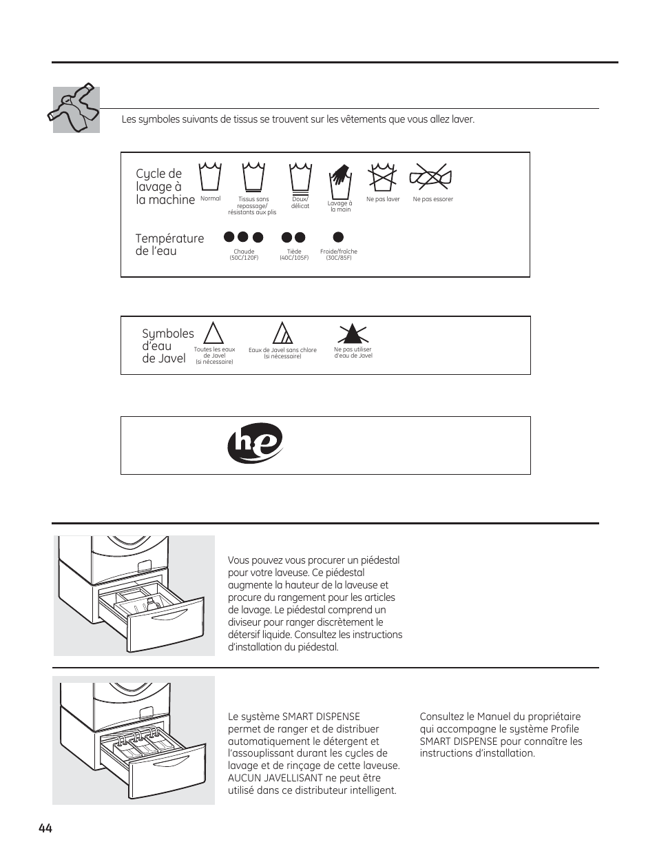 Chargement et utilisation de la laveuse, Étiquettes de tissus, Accessoires disponibles | GE PFWH4400 User Manual | Page 44 / 87