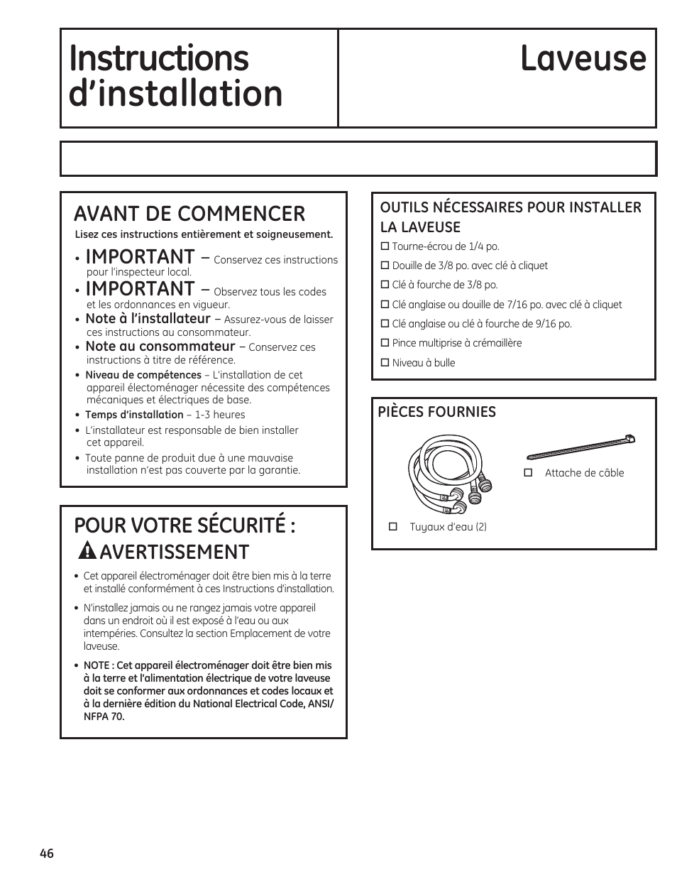 Instructions laveuse d’installation, Avant de commencer, Pour votre sécurité | Important, Avertissement | GE PFWH4400 User Manual | Page 46 / 87