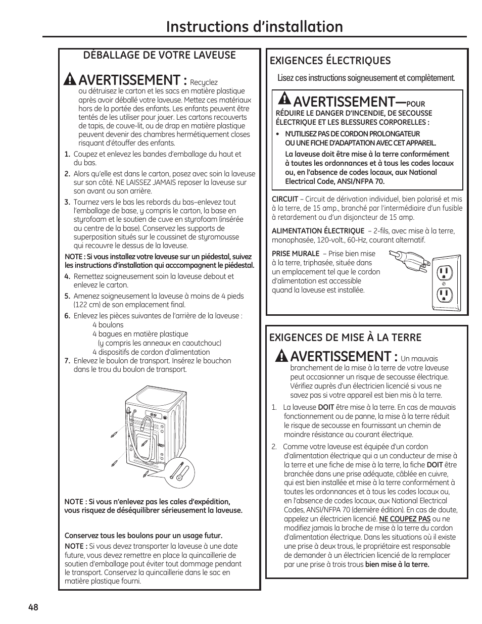 Instructions d’installation, Avertissement, Déballage de votre laveuse | Exigences électriques, Exigences de mise à la terre | GE PFWH4400 User Manual | Page 48 / 87
