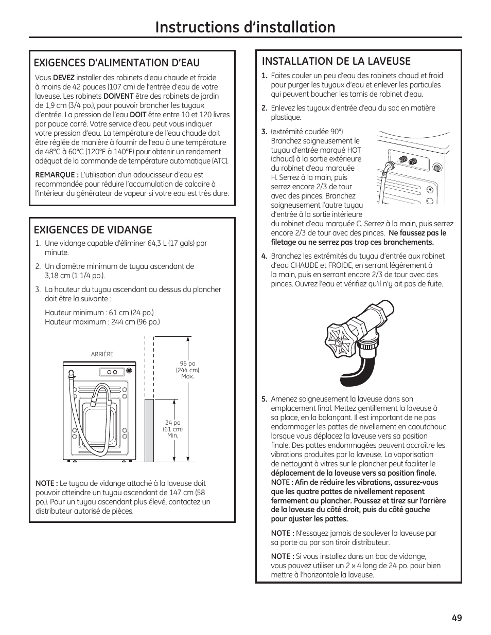 Instructions d’installation, Exigences d’alimentation d’eau, Exigences de vidange | Installation de la laveuse | GE PFWH4400 User Manual | Page 49 / 87