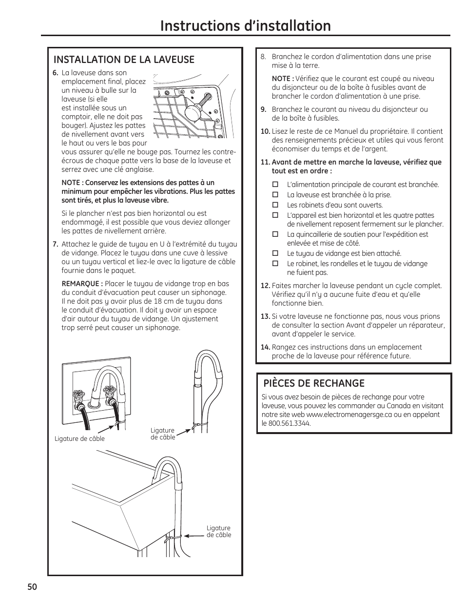 Instructions d’installation, Installation de la laveuse, Pièces de rechange | GE PFWH4400 User Manual | Page 50 / 87