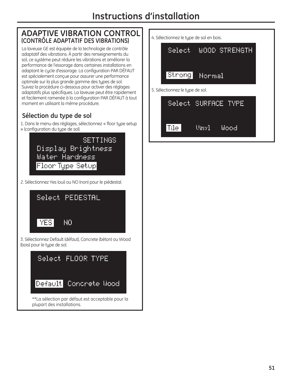 Instructions d’installation, Adaptive vibration control, Sélection du type de sol | Contrôle adaptatif des vibrations) | GE PFWH4400 User Manual | Page 51 / 87