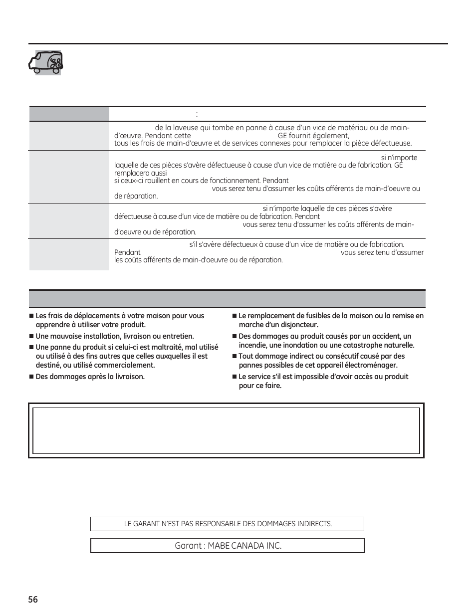 Garantie de laveuse ge | GE PFWH4400 User Manual | Page 56 / 87