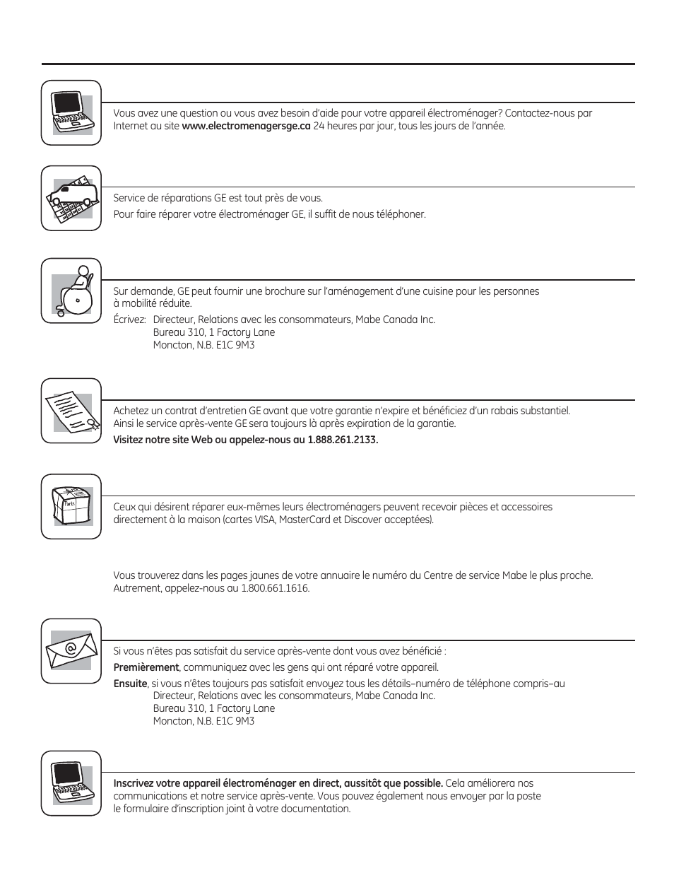 Service de réparations, Studio de conception réaliste, Prolongation de garantie | Pièces et accessoires, Contactez-nous, Inscrivez votre appareil électroménager | GE PFWH4400 User Manual | Page 57 / 87