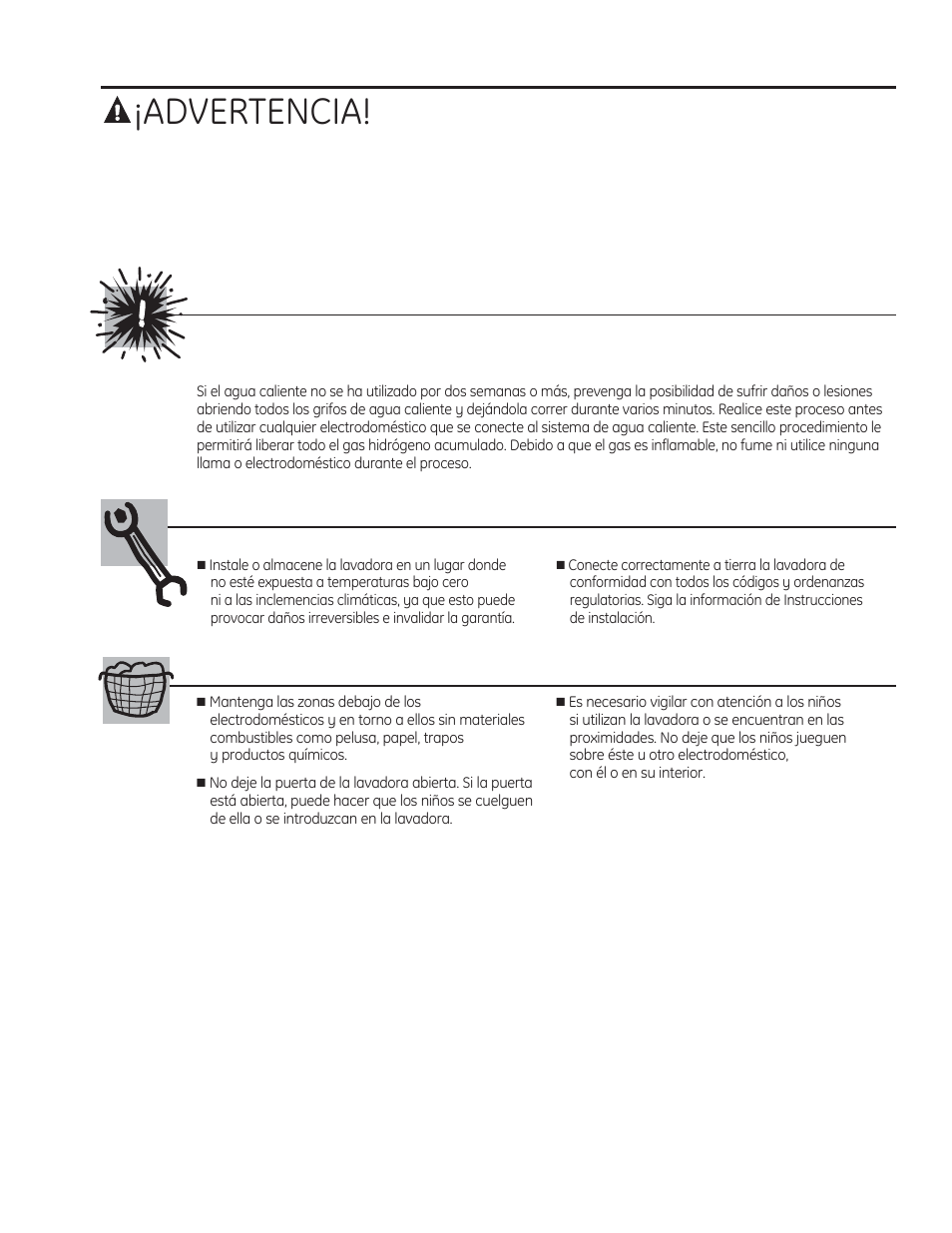 Advertencia, Seguridad del calentador de agua, Instalación correcta | Zona de lavadero | GE PFWH4400 User Manual | Page 59 / 87