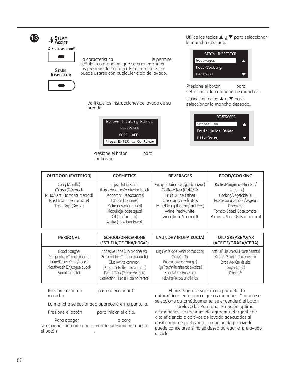 Ajustes de control | GE PFWH4400 User Manual | Page 65 / 87