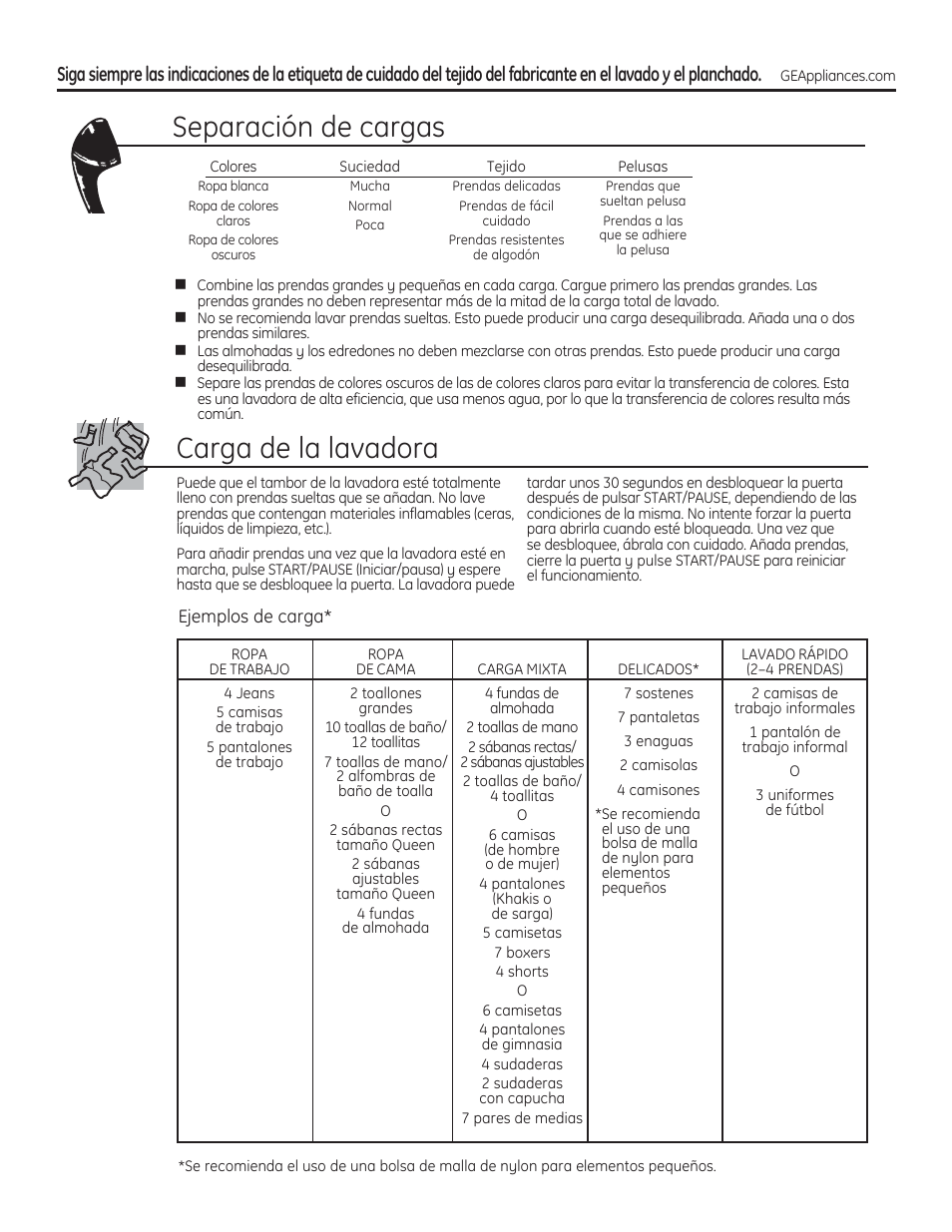 Carga y uso de la lavadora, Separación de cargas carga de la lavadora | GE PFWH4400 User Manual | Page 69 / 87