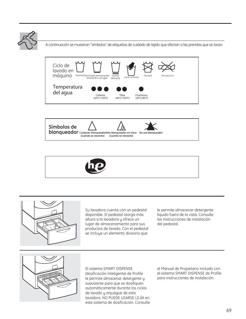Carga y uso de la lavadora, Etiquetas de cuidado de tejido, Accesorios disponibles | Temperatura del agua, Símbolos de blanqueador, Ciclo de lavado en máquina | GE PFWH4400 User Manual | Page 72 / 87