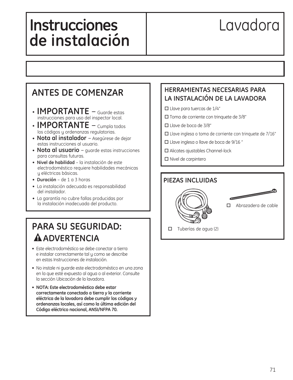 Instrucciones lavadora de instalación, Antes de comenzar, Para su seguridad | Importante, Advertencia | GE PFWH4400 User Manual | Page 74 / 87