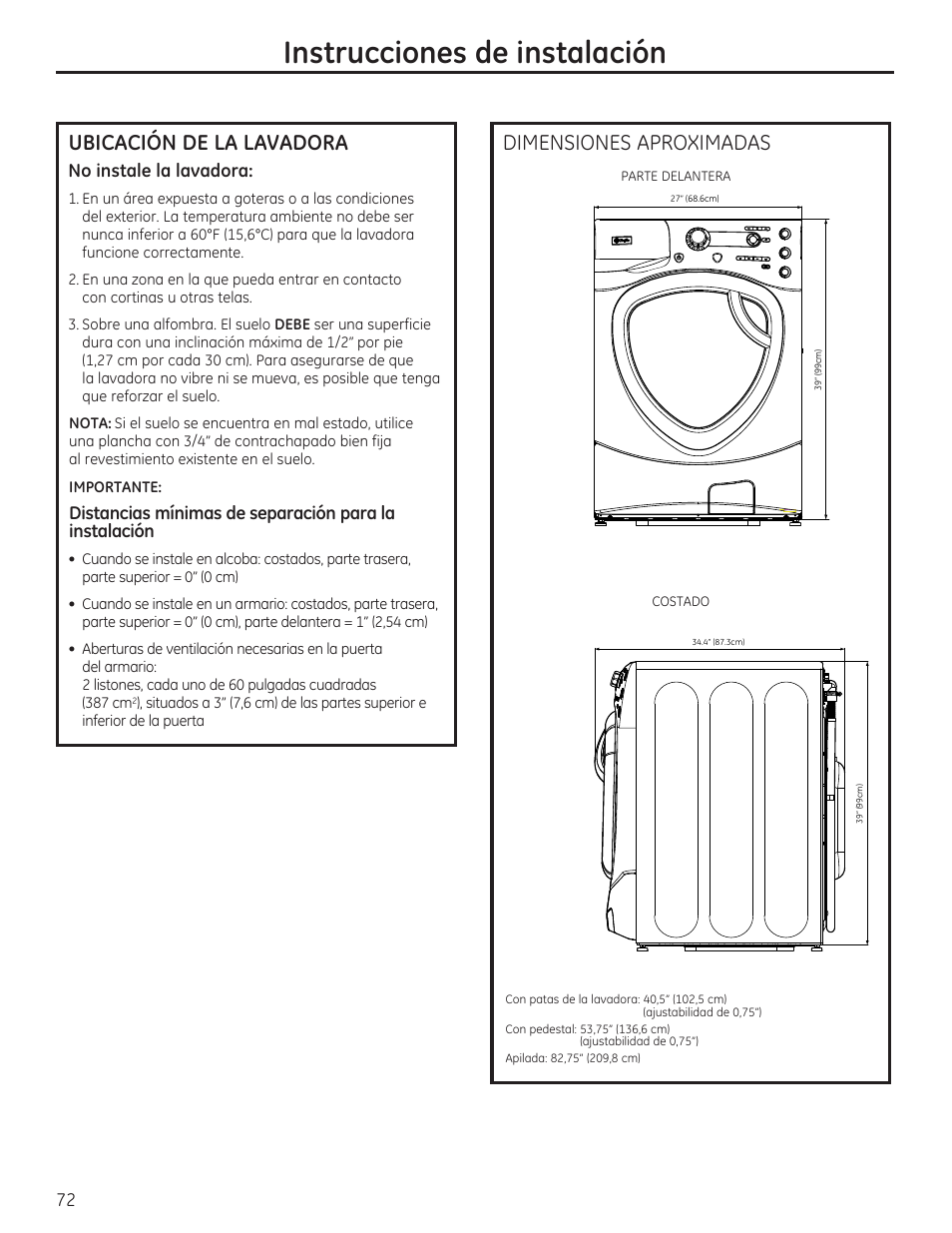 Instrucciones de instalación, Dimensiones aproximadas, Ubicación de la lavadora | GE PFWH4400 User Manual | Page 75 / 87